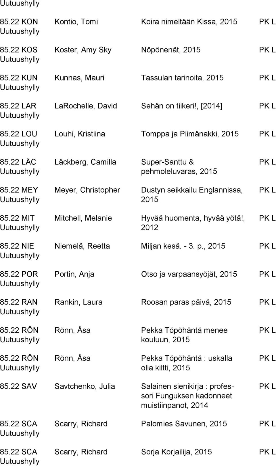 , [2014] Louhi, Kristiina Tomppa ja Piimänakki, 85.22 LÄC Läckberg, Camilla Super-Santtu & pehmoleluvaras, 85.22 MEY Meyer, Christopher Dustyn seikkailu Englannissa, 85.