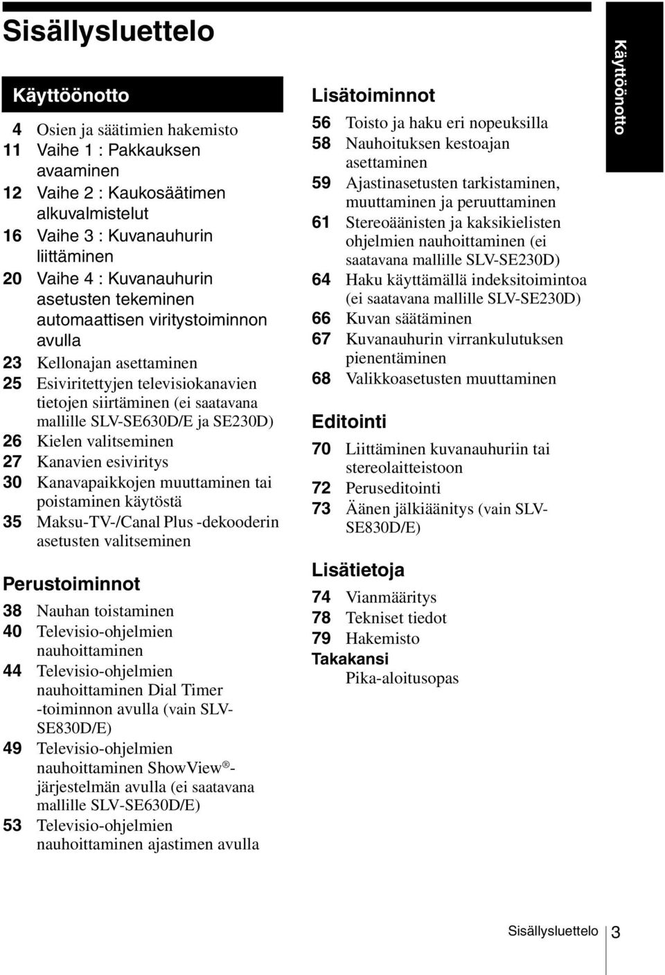 SE230D) 26 Kielen valitseminen 27 Kanavien esiviritys 30 Kanavapaikkojen muuttaminen tai poistaminen käytöstä 35 Maksu-TV-/Canal Plus -dekooderin asetusten valitseminen Perustoiminnot 38 Nauhan