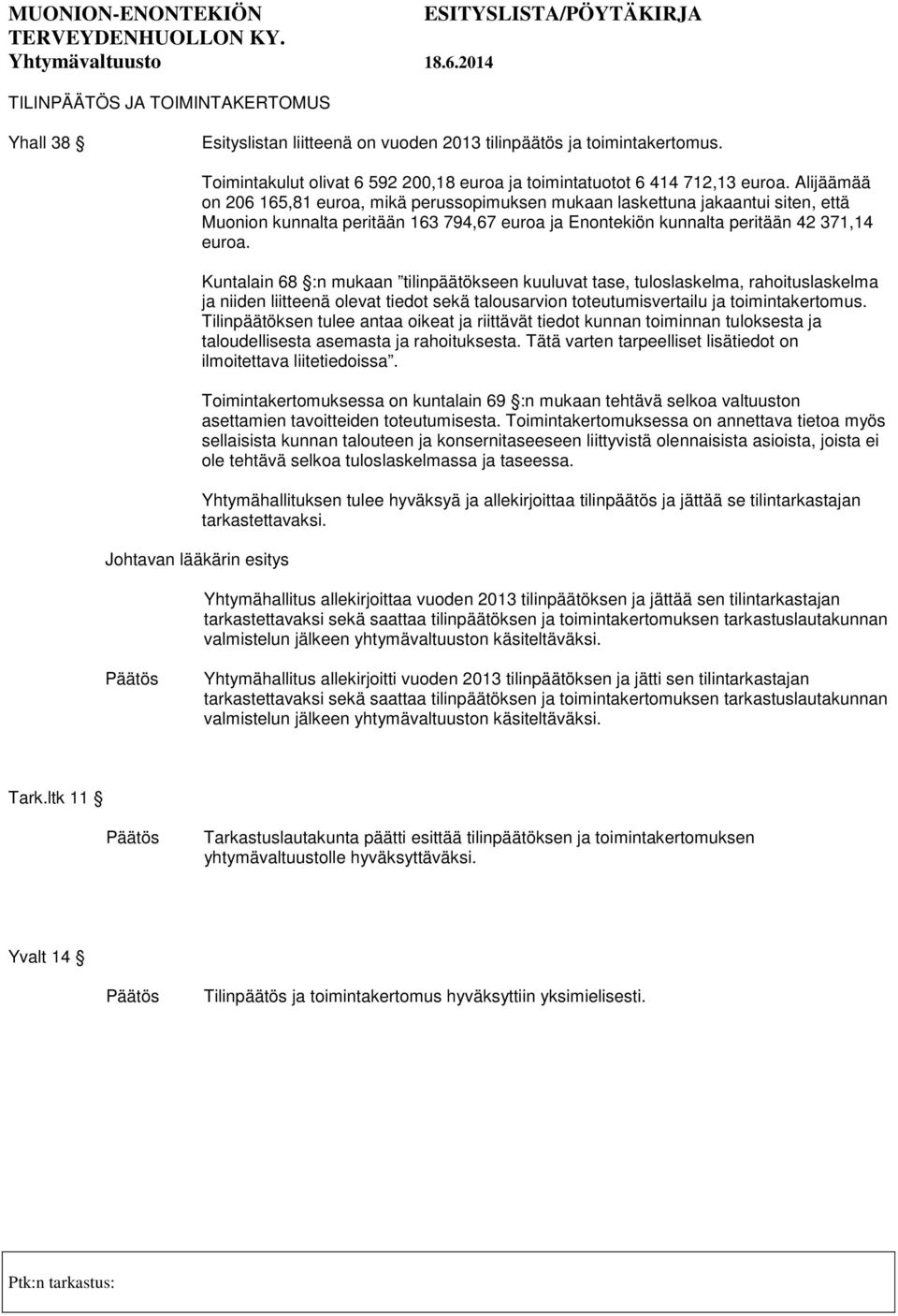 Alijäämää on 206 165,81 euroa, mikä perussopimuksen mukaan laskettuna jakaantui siten, että Muonion kunnalta peritään 163 794,67 euroa ja Enontekiön kunnalta peritään 42 371,14 euroa.