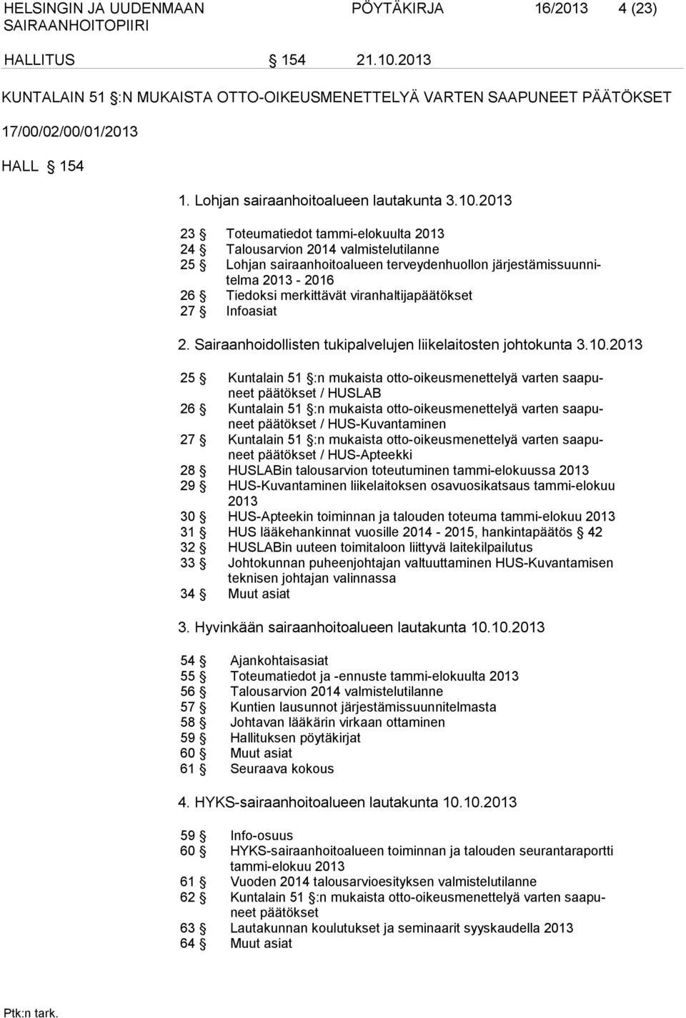 2013 23 Toteumatiedot tammi-elokuulta 2013 24 Talousarvion 2014 valmistelutilanne 25 Lohjan sairaanhoitoalueen terveydenhuollon järjestämissuunnitelma 2013-2016 26 Tiedoksi merkittävät