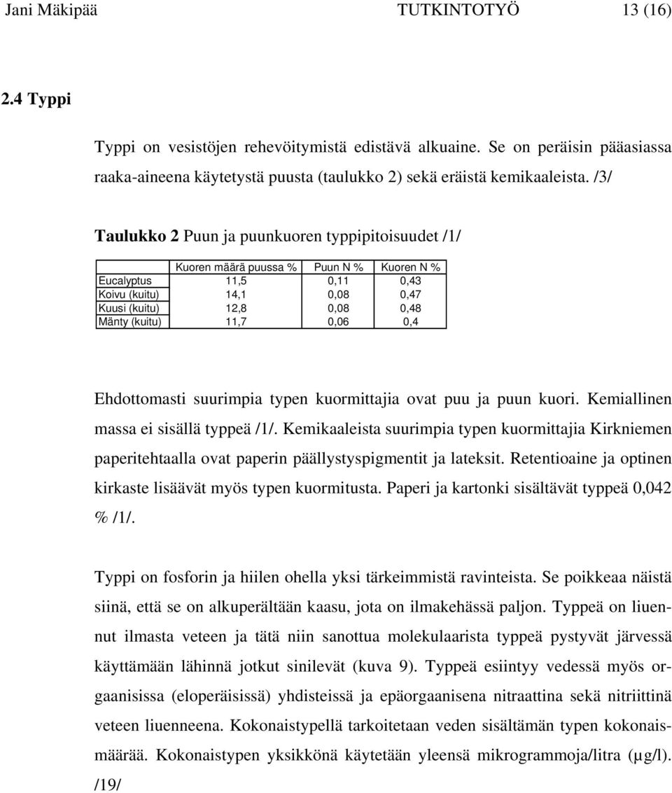 0,06 0,4 Ehdottomasti suurimpia typen kuormittajia ovat puu ja puun kuori. Kemiallinen massa ei sisällä typpeä /1/.