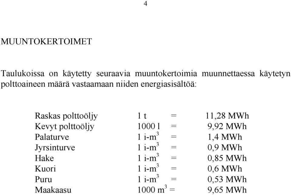 Kevyt polttoöljy 1000 l = 9,92 MWh Palaturve 1 i-m 3 = 1,4 MWh Jyrsinturve 1 i-m 3 = 0,9 MWh