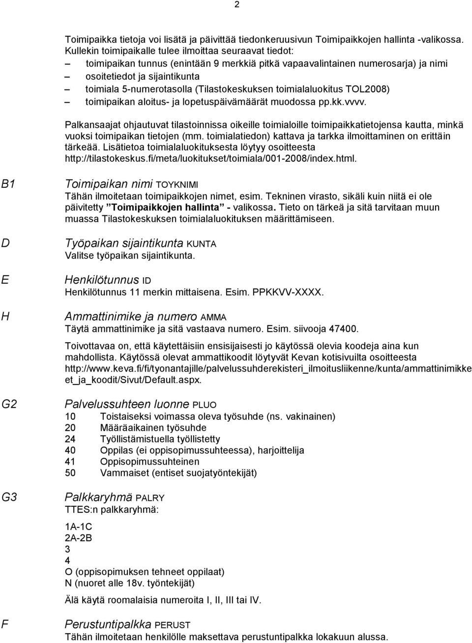 (Tilastokeskuksen toimialaluokitus TOL2008) toimipaikan aloitus- ja lopetuspäivämäärät muodossa pp.kk.vvvv.