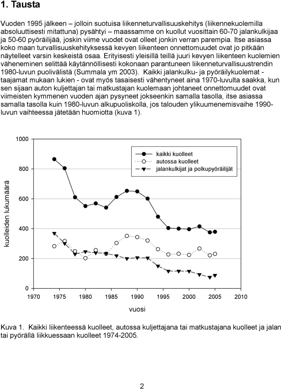 Erityisesti yleisillä teillä juuri kevyen liikenteen kuolemien väheneminen selittää käytännöllisesti kokonaan parantuneen liikenneturvallisuustrendin 1980-luvun puolivälistä (Summala ym 2003).