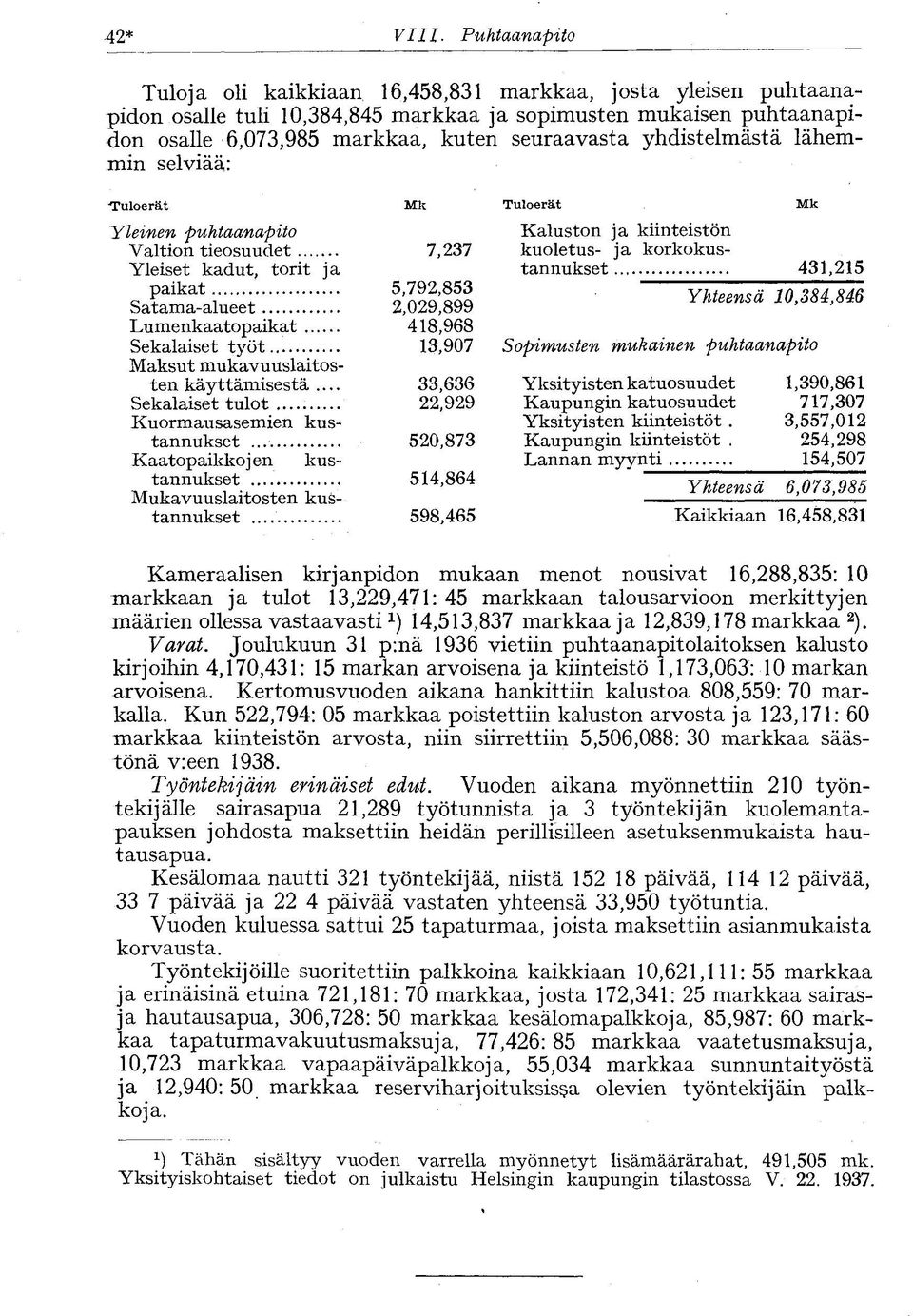 yhdistelmästä lähemmin selviää: Tuloerät Mk Yleinen puhtaanapito Valtion tieosuudet 7,237 Yleiset kadut, torit ja paikat.