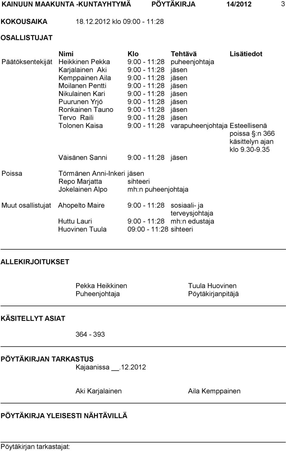 2012 klo 09:00-11:28 OSALLISTUJAT Nimi Klo Tehtävä Lisätiedot Päätöksentekijät Heikkinen Pekka 9:00-11:28 puheenjohtaja Karjalainen Aki 9:00-11:28 jäsen Kemppainen Aila 9:00-11:28 jäsen Moilanen