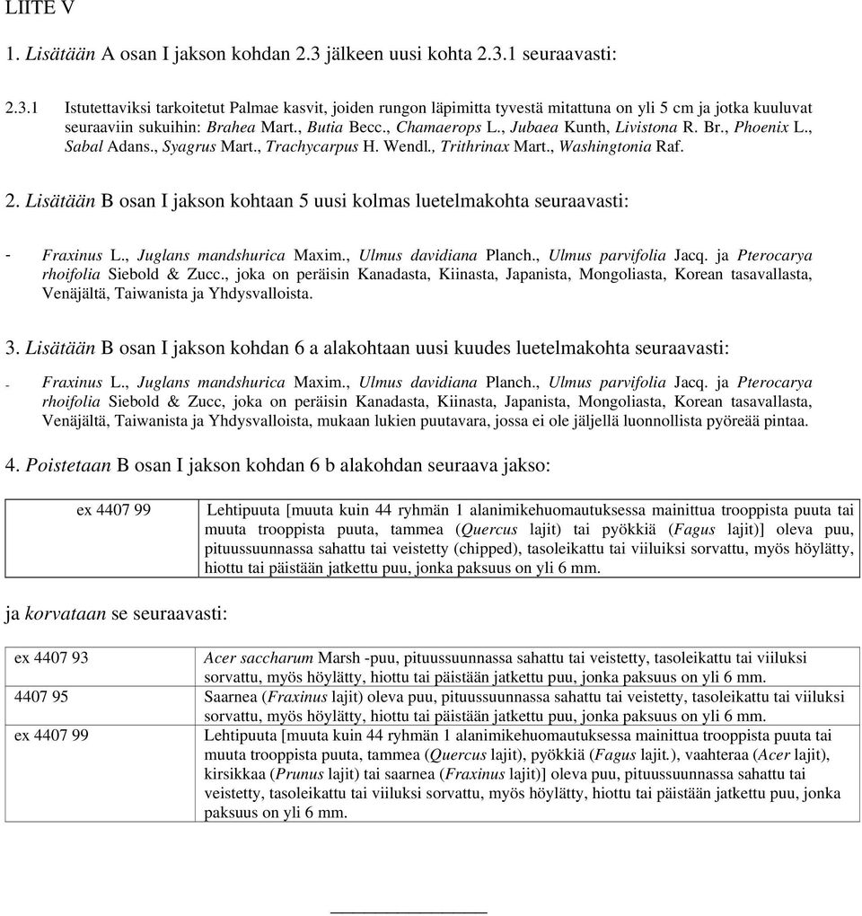 Lisätään B osan I jakson kohtaan 5 uusi kolmas luetelmakohta seuraavasti: - Fraxinus L., Juglans mandshurica Maxim., Ulmus davidiana Planch., Ulmus parvifolia Jacq.