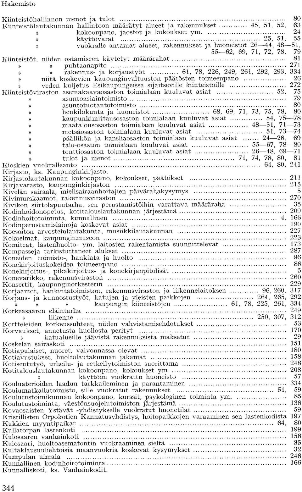 292, 293, 334» niitä koskevien kaupunginvaltuuston päätösten toimeenpano 26» veden kuljetus Esikaupungeissa sijaitseville kiinteistöille 272 Kiinteistöviraston asemakaavaosaston toimialaan kuuluvat