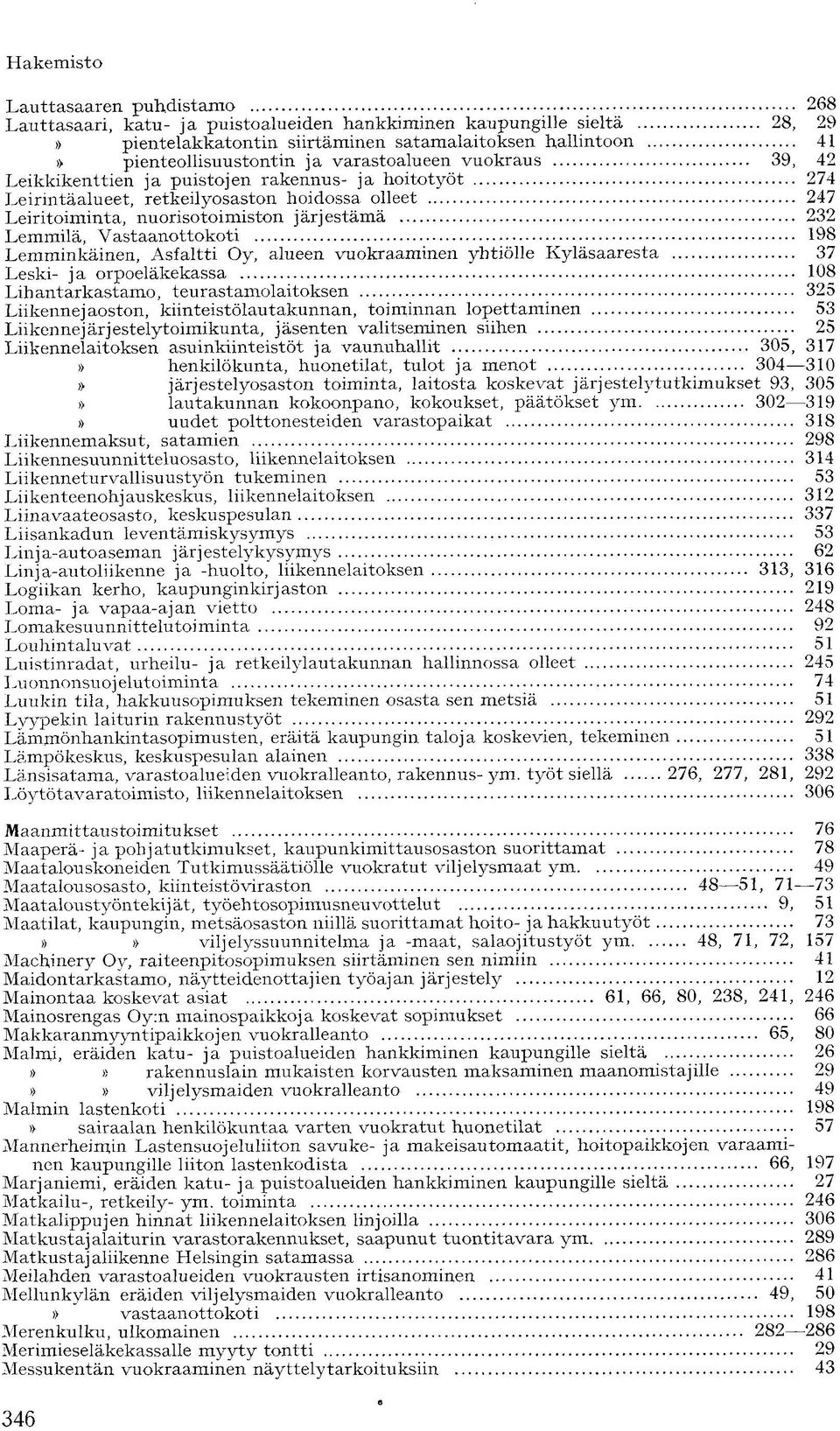 Vastaanottokoti 198 Lemminkäinen, Asfaltti Oy, alueen vuokraaminen yhtiölle Kyläsaaresta 37 Leski- ja orpoeläkekassa 108 Lihantarkastamo, teurastamolaitoksen 325 Liikennejaoston,