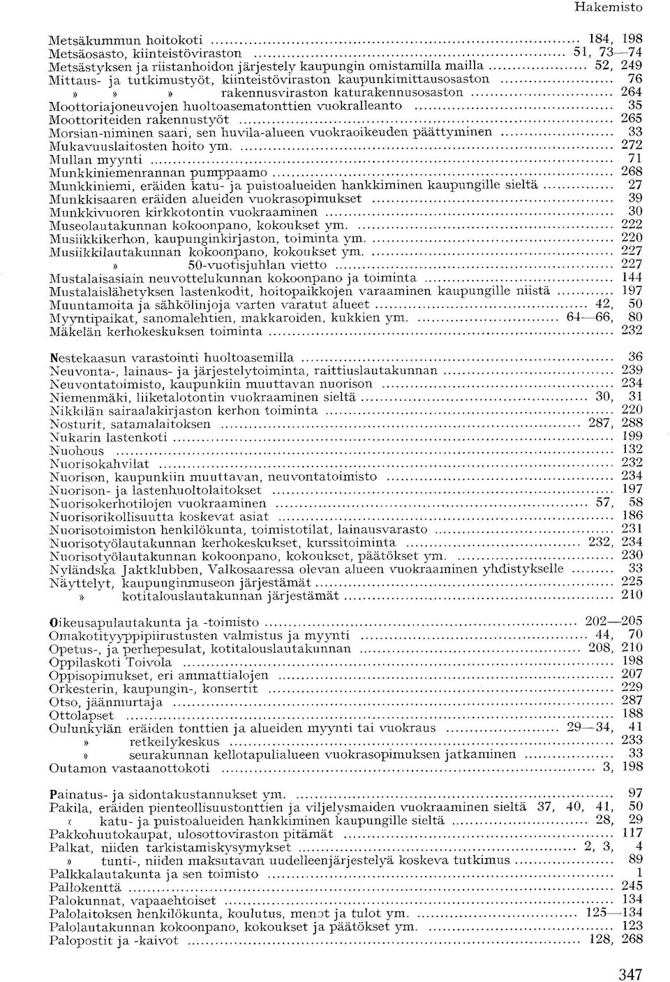 vuokraoikeuden päättyminen 33 Mukavuuslaitosten hoito ym 272 Mullan myynti 71 Munkkiniemenrannan pumppaamo 268 Munkkiniemi, eräiden katu- ja puistoalueiden hankkiminen kaupungille sieltä 27