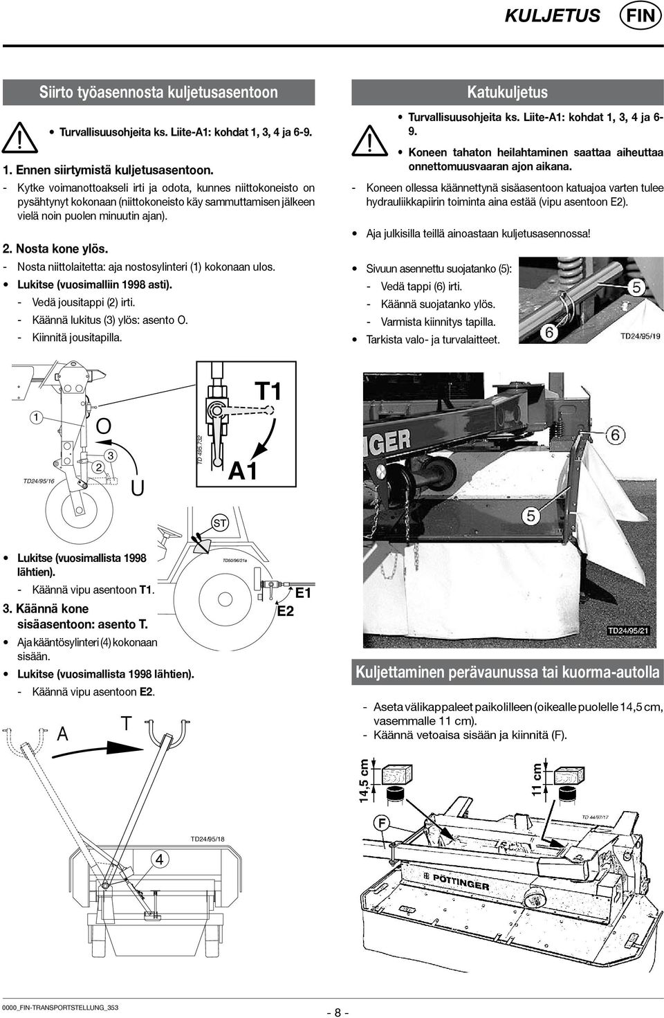 - Nosta niittolaitetta: aja nostosylinteri (1) kokonaan ulos. Lukitse (vuosimalliin 1998 asti). - Vedä jousitappi (2) irti. - Käännä lukitus (3) ylös: asento O. - Kiinnitä jousitapilla.