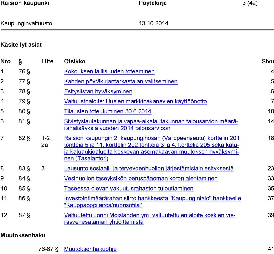 2014 10 6 81 Sivistyslautakunnan ja vapaa-aikalautakunnan talousarvion määrärahalisäyksiä vuoden 2014 talousarvioon 7 82 1-2, 2a Raision kaupungin 2.