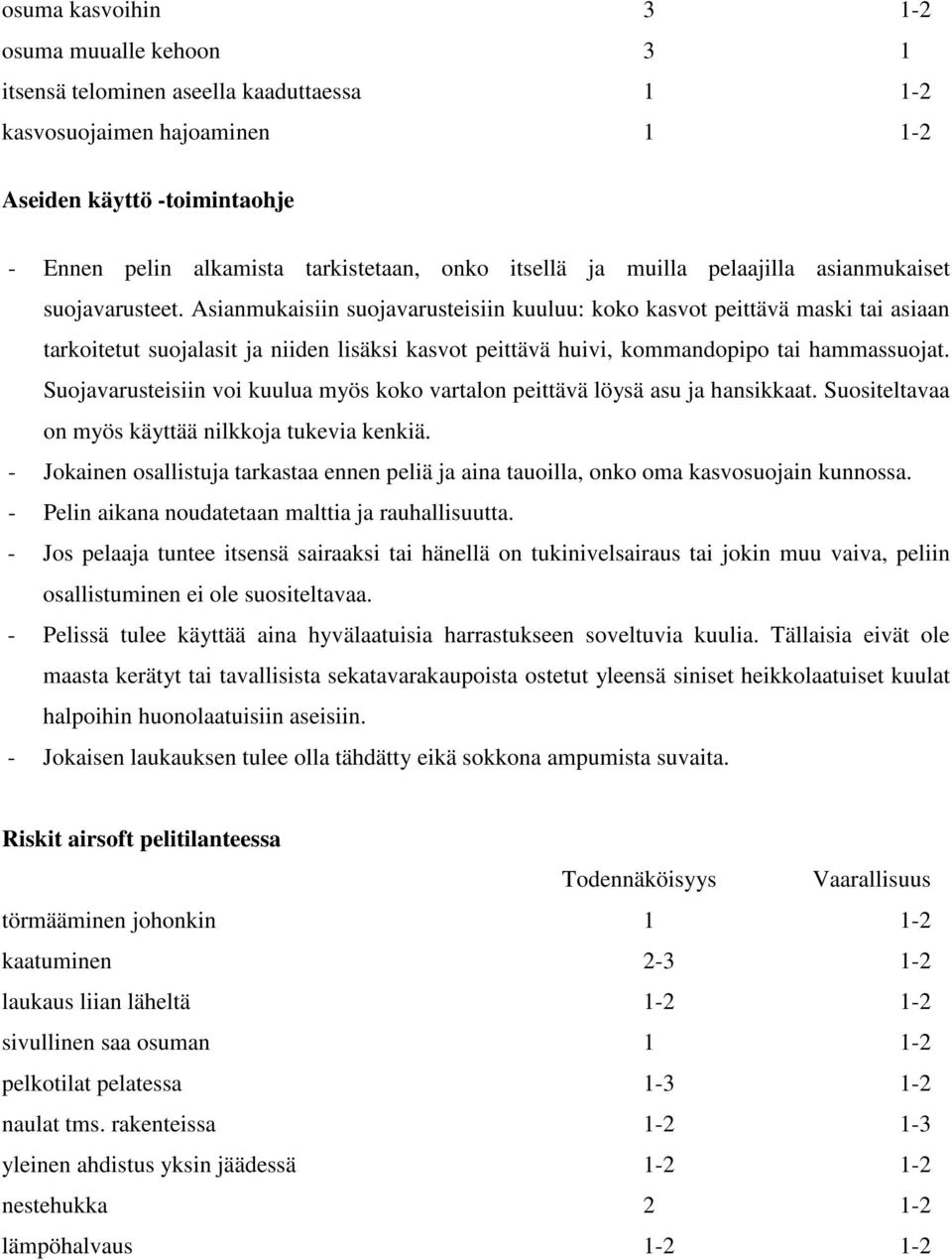 Asianmukaisiin suojavarusteisiin kuuluu: koko kasvot peittävä maski tai asiaan tarkoitetut suojalasit ja niiden lisäksi kasvot peittävä huivi, kommandopipo tai hammassuojat.