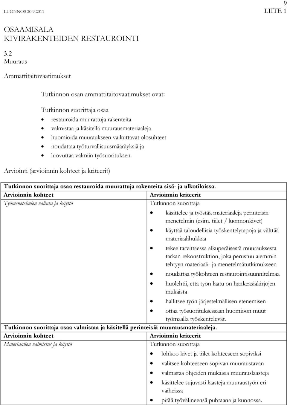 olosuhteet noudattaa työturvallisuusmääräyksiä ja luovuttaa valmiin työsuorituksen. Arviointi (arvioinnin kohteet ja kriteerit) osaa restauroida muurattuja rakenteita sisä- ja ulkotiloissa.