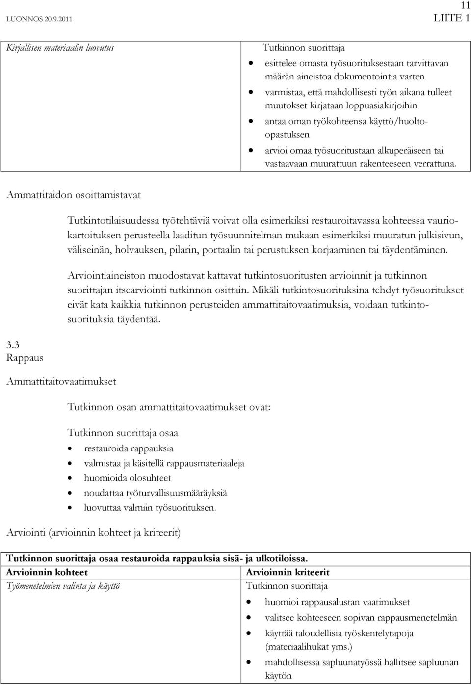 3 Rappaus Ammattitaitovaatimukset Tutkintotilaisuudessa työtehtäviä voivat olla esimerkiksi restauroitavassa kohteessa vauriokartoituksen perusteella laaditun työsuunnitelman mukaan esimerkiksi