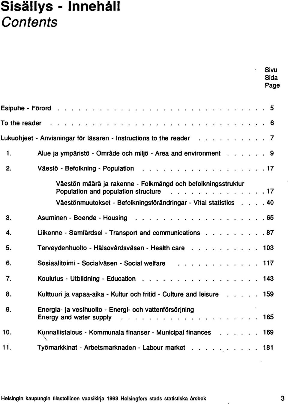 17 Väestön määrä ja rakenne - Folkmängd och befolkningsstruktur Population and population structure.... 17 Väestönmuutokset - Befolkningsförändringar - Vital statistics. 40 3. 4. 5. 6. 7. 8. 9. 10.