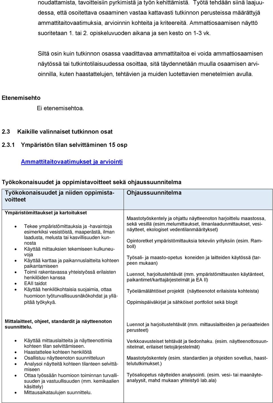 Ammattiosaamisen näyttö suoritetaan 1. tai 2. opiskeluvuoden aikana ja sen kesto on 1-3 vk.