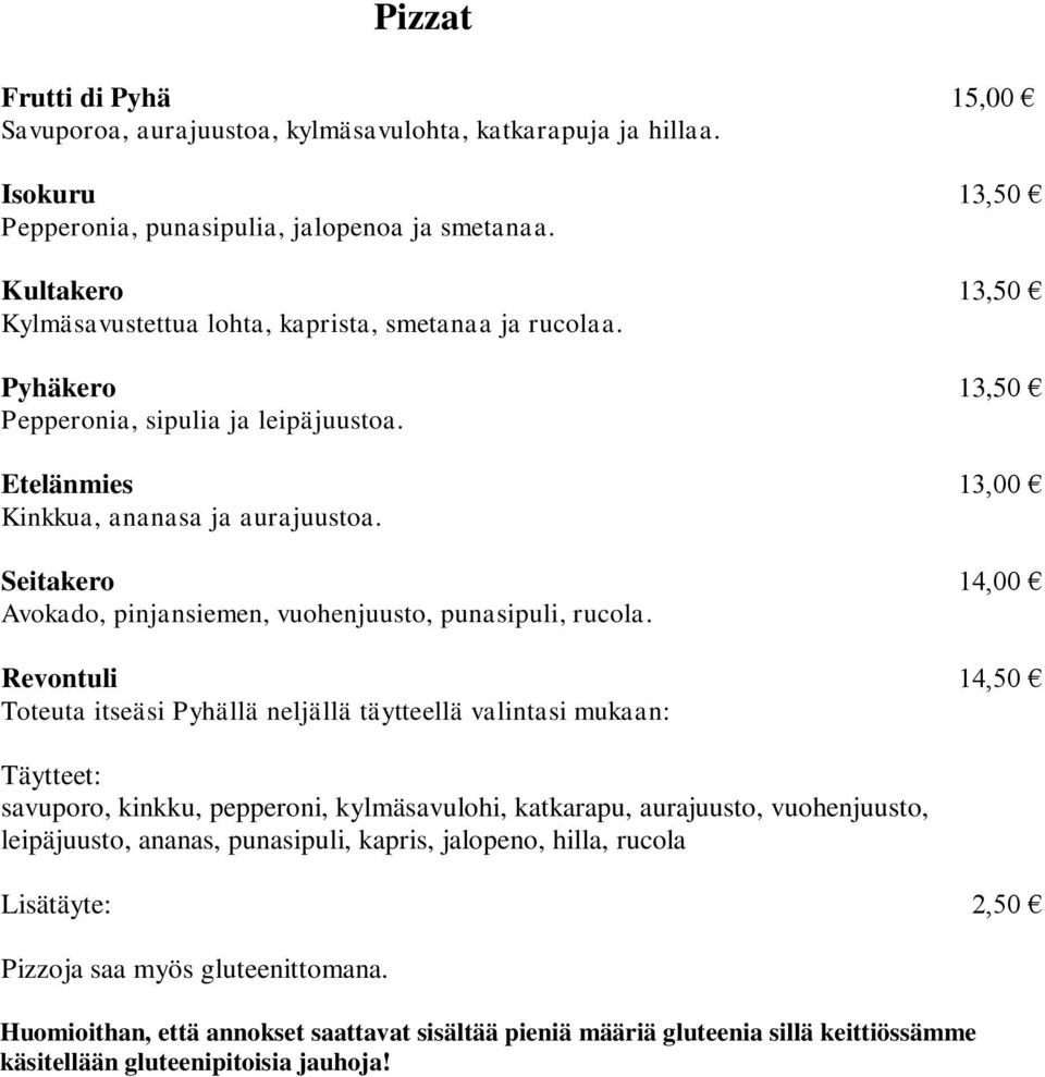Etelänmies 13,00 Kinkkua, ananasa ja aurajuustoa. Seitakero 14,00 Avokado, pinjansiemen, vuohenjuusto, punasipuli, rucola.