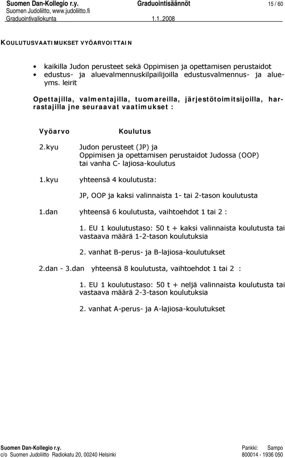 leirit Opettajilla, valmentajilla, tuomareilla, järjestötoimitsijoilla, harrastajilla jne seuraavat vaatimukset : Vyöarvo 2.kyu 1.