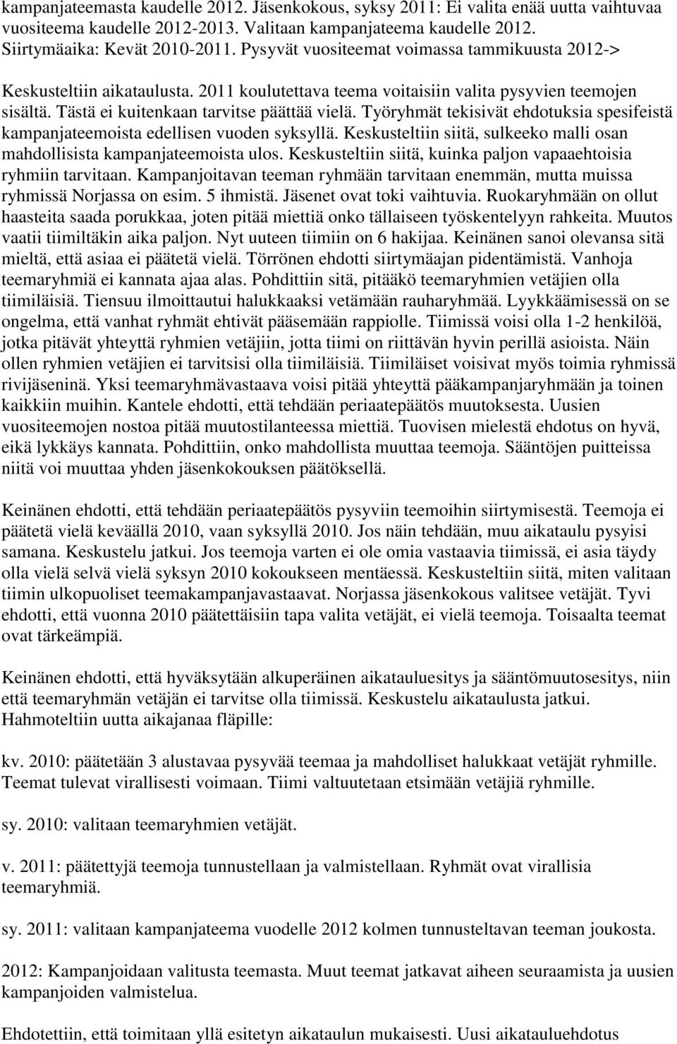 Työryhmät tekisivät ehdotuksia spesifeistä kampanjateemoista edellisen vuoden syksyllä. Keskusteltiin siitä, sulkeeko malli osan mahdollisista kampanjateemoista ulos.
