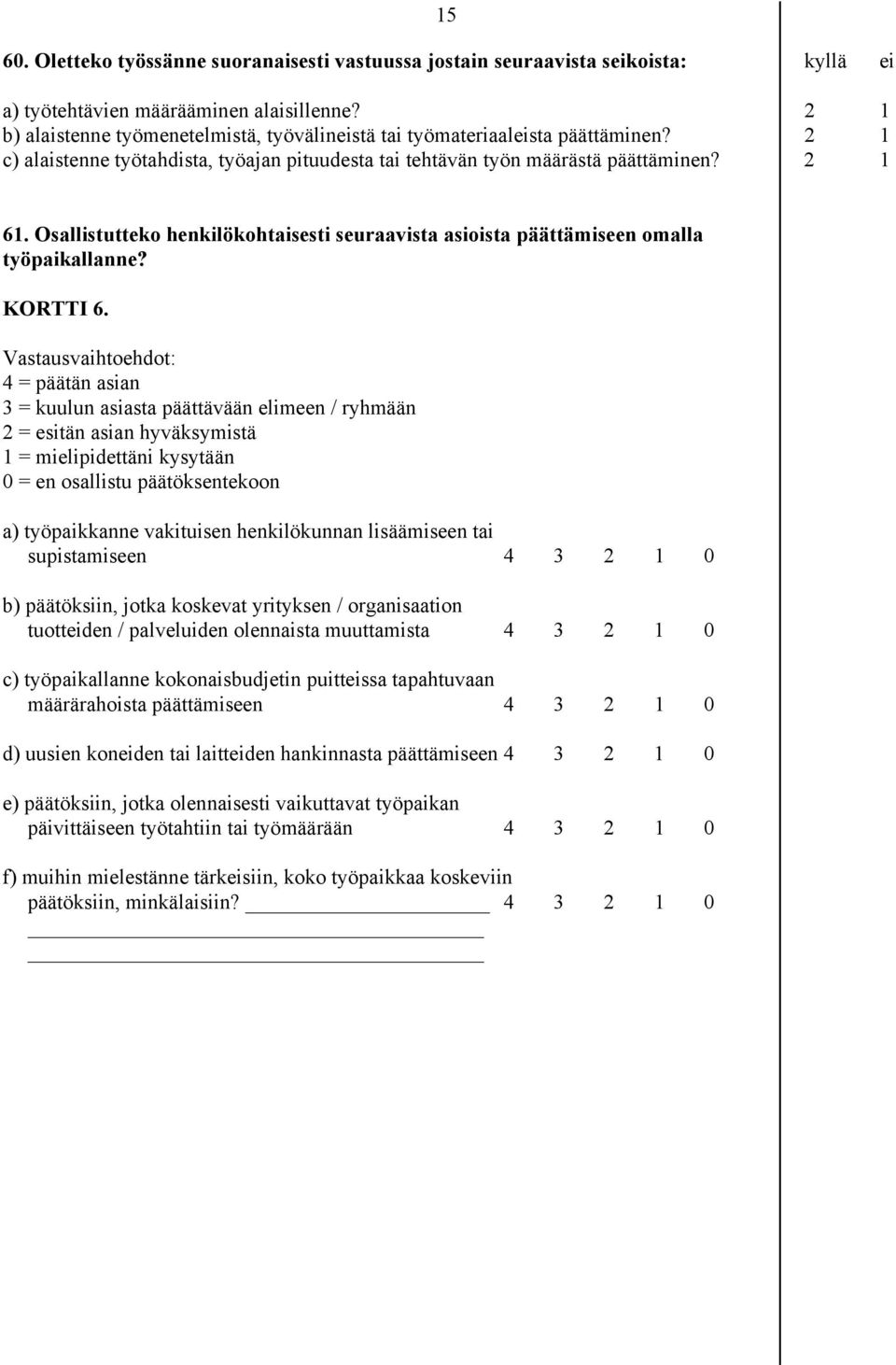 Osallistutteko henkilökohtaisesti seuraavista asioista päättämiseen omalla työpaikallanne? KORTTI 6.