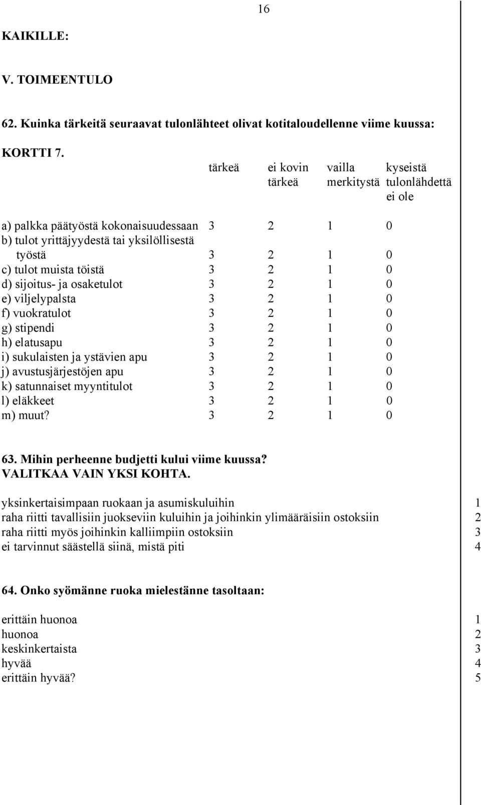 2 1 0 d) sijoitus- ja osaketulot 3 2 1 0 e) viljelypalsta 3 2 1 0 f) vuokratulot 3 2 1 0 g) stipendi 3 2 1 0 h) elatusapu 3 2 1 0 i) sukulaisten ja ystävien apu 3 2 1 0 j) avustusjärjestöjen apu 3 2