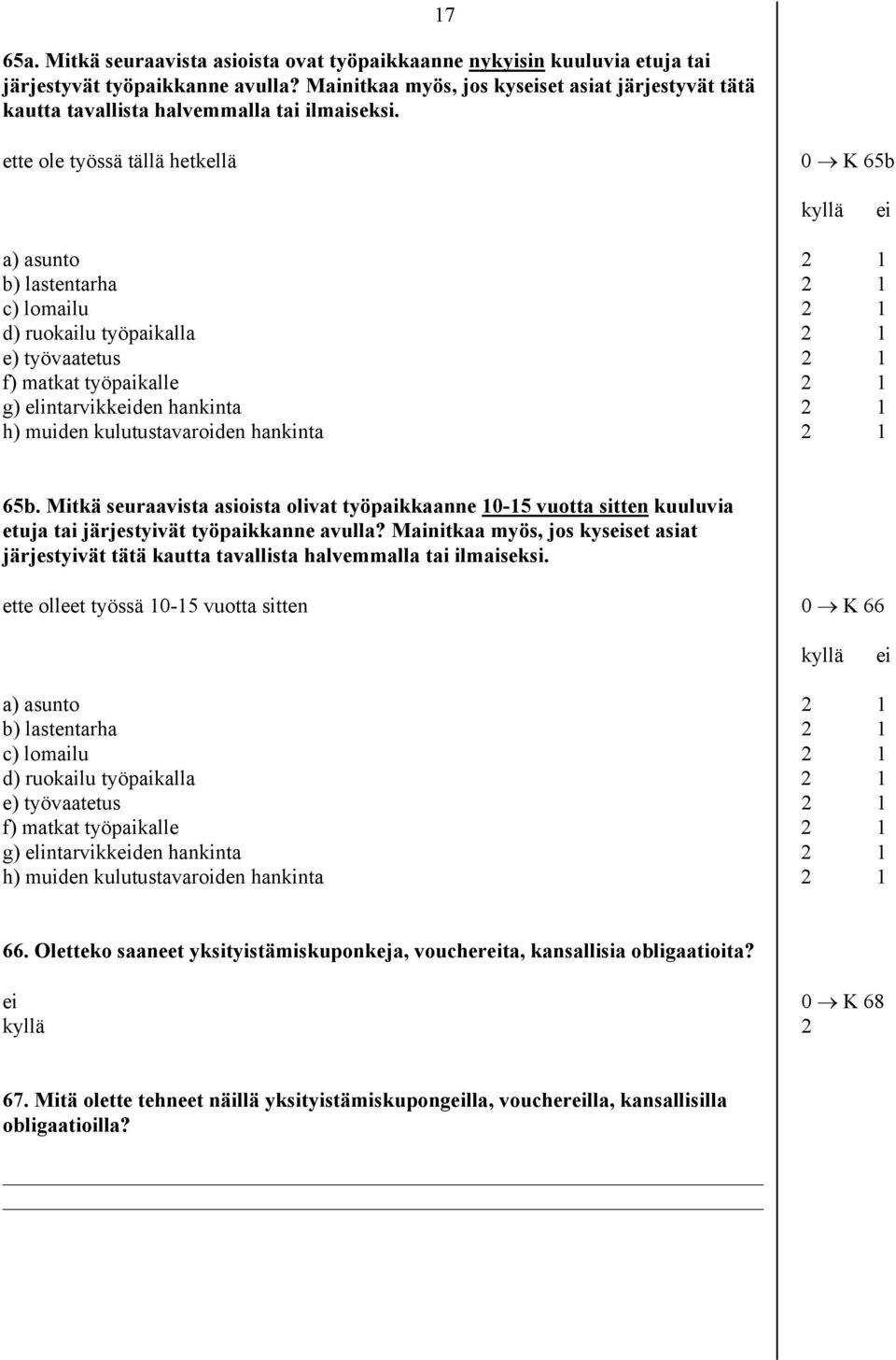 17 ette ole työssä tällä hetkellä 0 K 65b kyllä ei a) asunto 2 1 b) lastentarha 2 1 c) lomailu 2 1 d) ruokailu työpaikalla 2 1 e) työvaatetus 2 1 f) matkat työpaikalle 2 1 g) elintarvikkeiden