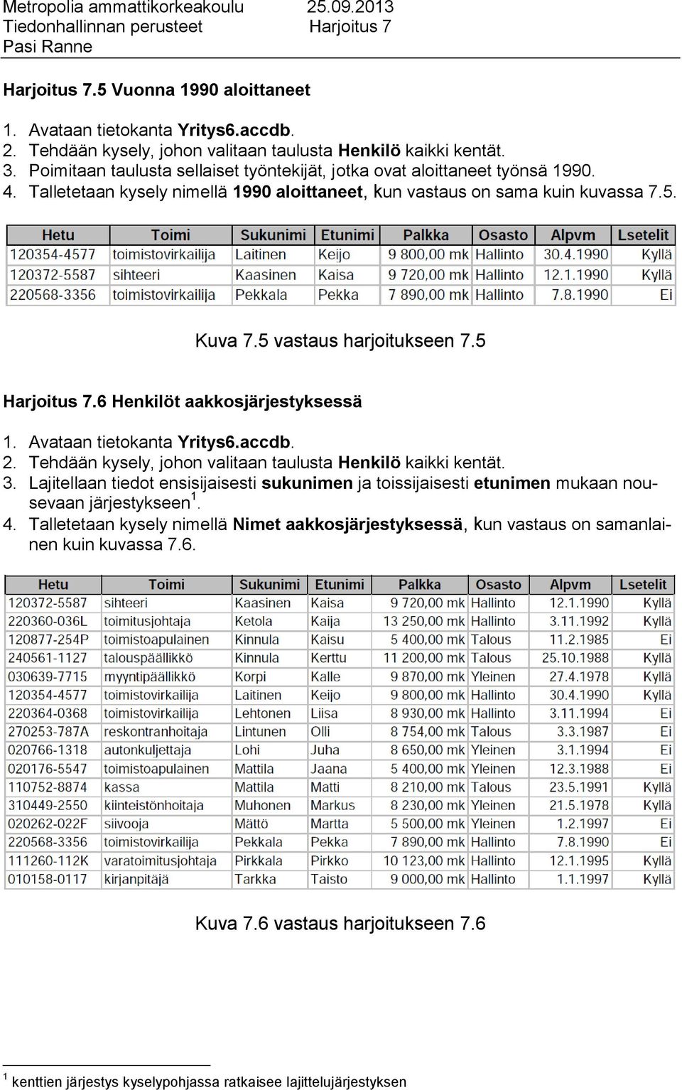 5 vastaus harjoitukseen 7.5 Harjoitus 7.6 Henkilöt aakkosjärjestyksessä 2. Tehdään kysely, johon valitaan taulusta Henkilö kaikki kentät. 3.