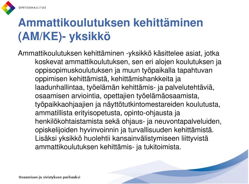 arviointia, opettajien työelämäosaamista, työpaikkaohjaajien ja näyttötutkintomestareiden koulutusta, ammatillista erityisopetusta, opinto-ohjausta ja henkilökohtaistamista sekä
