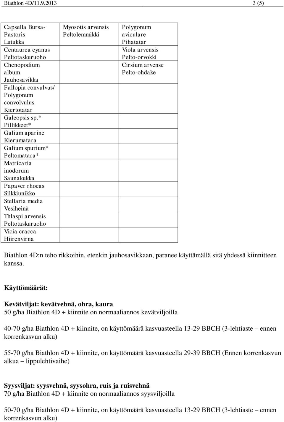 cracca Hiirenvirna Myosotis arvensis Peltolemmikki Polygonum aviculare Pihatatar Viola arvensis Pelto-orvokki Cirsium arvense Pelto-ohdake Biathlon 4D:n teho rikkoihin, etenkin jauhosavikkaan,