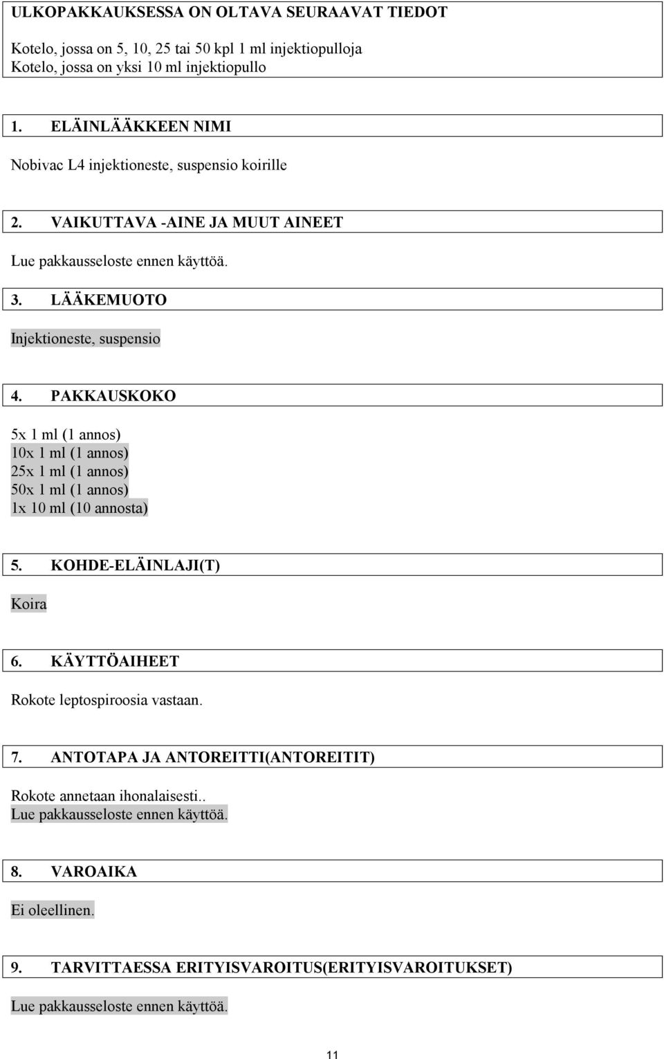 PAKKAUSKOKO 5x 1 ml (1 annos) 10x 1 ml (1 annos) 25x 1 ml (1 annos) 50x 1 ml (1 annos) 1x 10 ml (10 annosta) 5. KOHDE-ELÄINLAJI(T) Koira 6.