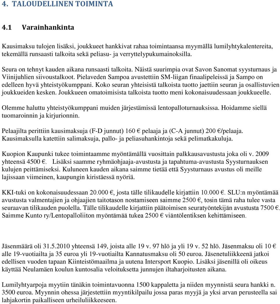 Seura on tehnyt kauden aikana runsaasti talkoita. Näistä suurimpia ovat Savon Sanomat syysturnaus ja Viinijuhlien siivoustalkoot.