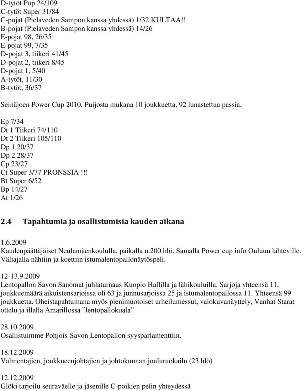 Cup 2010, Puijosta mukana 10 joukkuetta, 92 lunastettua passia. Ep 7/34 Dt 1 Tiikeri 74/110 Dt 2 Tiikeri 105/110 Dp 1 20/37 Dp 2 28/37 Cp 23/27 Ct Super 3/77 PRONSSIA!