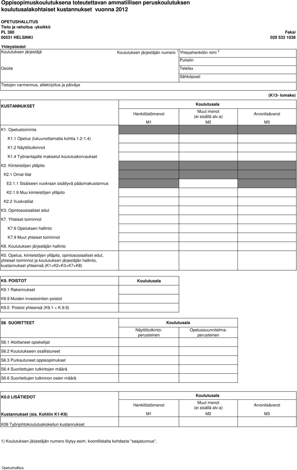 Opetustoiminta Koulutusala Henkilöstömenot Muut menot (ei sisällä alv:a) Arvonlisäverot M1 M2 M3 K1.1 Opetus (lukuunottamatta kohtia 1.2-1.4) K1.2 Näyttötutkinnot K1.