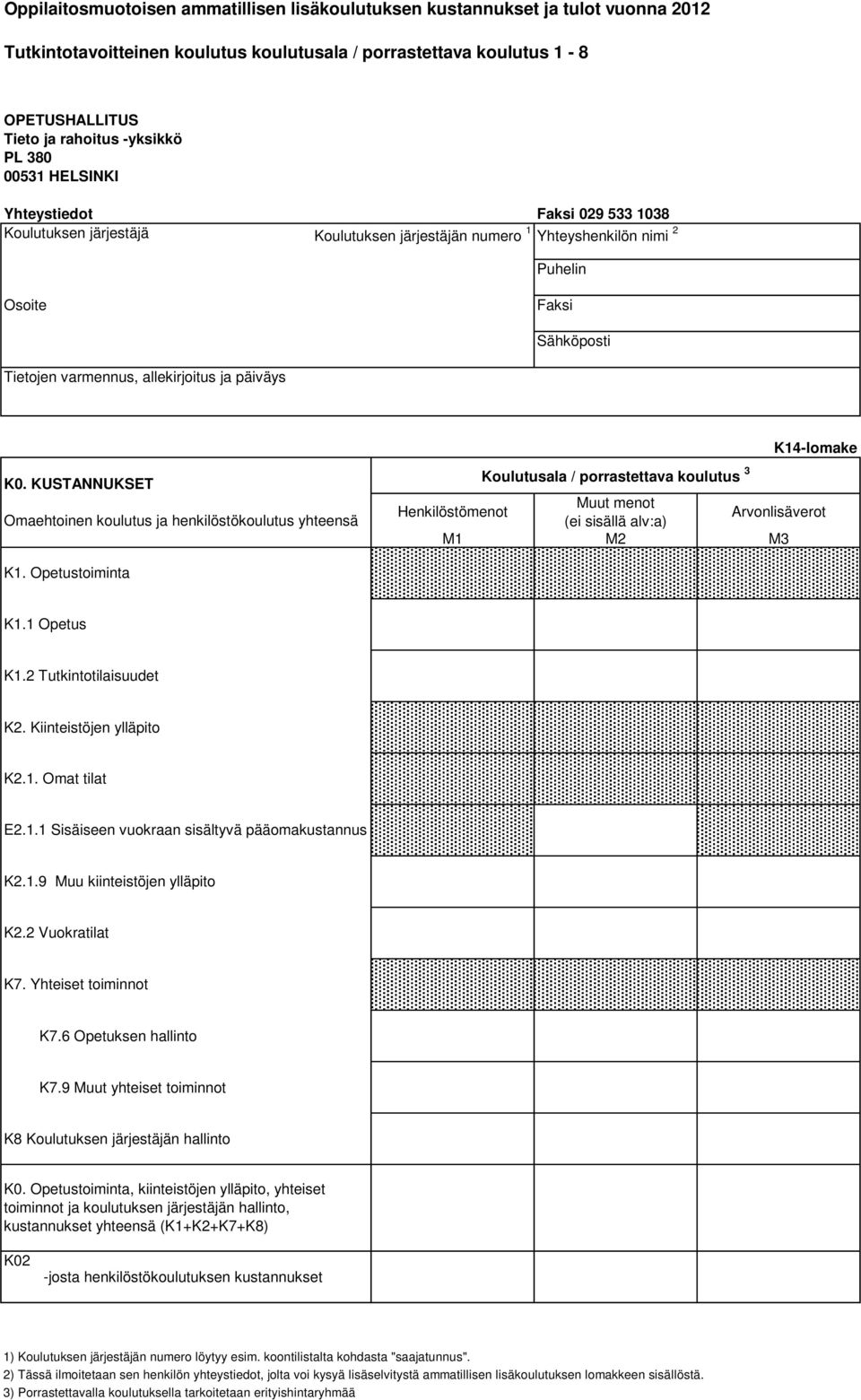 päiväys K14-lomake K0. KUSTANNUKSET Omaehtoinen koulutus ja henkilöstökoulutus yhteensä Koulutusala / porrastettava koulutus 3 Henkilöstömenot Muut menot (ei sisällä alv:a) Arvonlisäverot M1 M2 M3 K1.