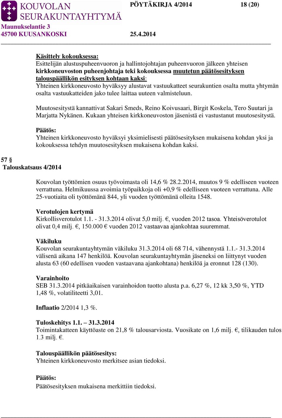 tulee laittaa uuteen valmisteluun. Muutosesitystä kannattivat Sakari Smeds, Reino Koivusaari, Birgit Koskela, Tero Suutari ja Marjatta Nykänen.