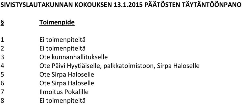 toimenpiteitä 3 Ote kunnanhallitukselle 4 Ote Päivi Hyytiäiselle,