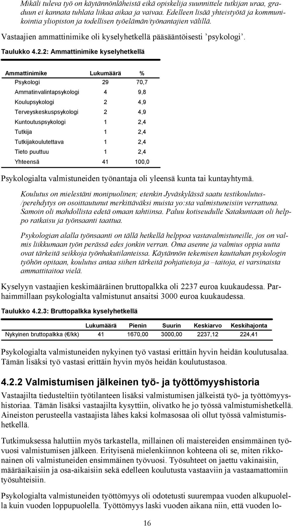 2: Ammattinimike kyselyhetkellä Ammattinimike Psykologi Ammatinvalintapsykologi Koulupsykologi Terveyskeskuspsykologi Kuntoutuspsykologi Tutkija Tutkijakoulutettava 29 70,7 4 9,8 2 4,9 2 4,9 41 100,0