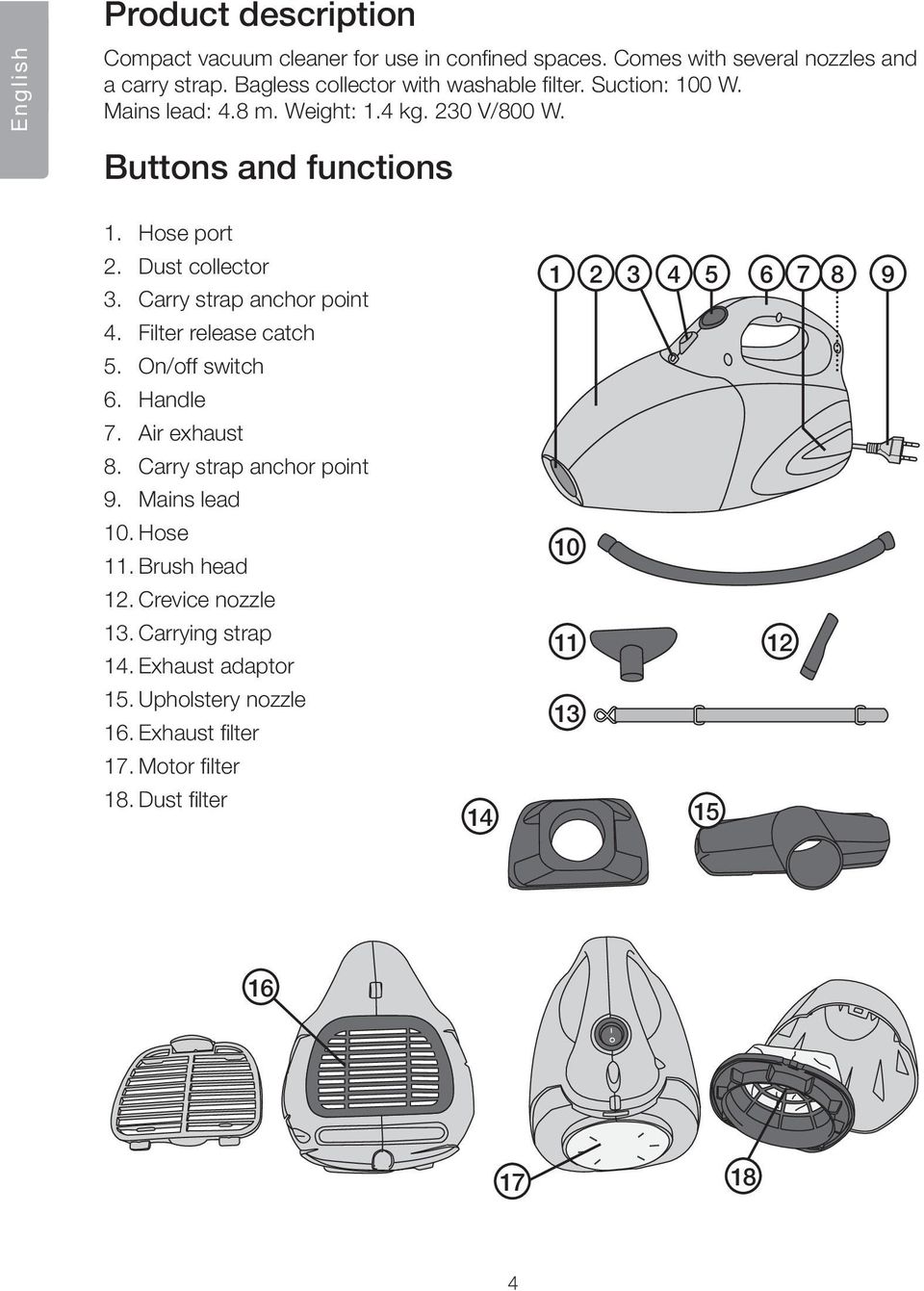 Dust collector 3. Carry strap anchor point 4. Filter release catch 5. On/off switch 6. Handle 7. Air exhaust 8. Carry strap anchor point 9. Mains lead 10.