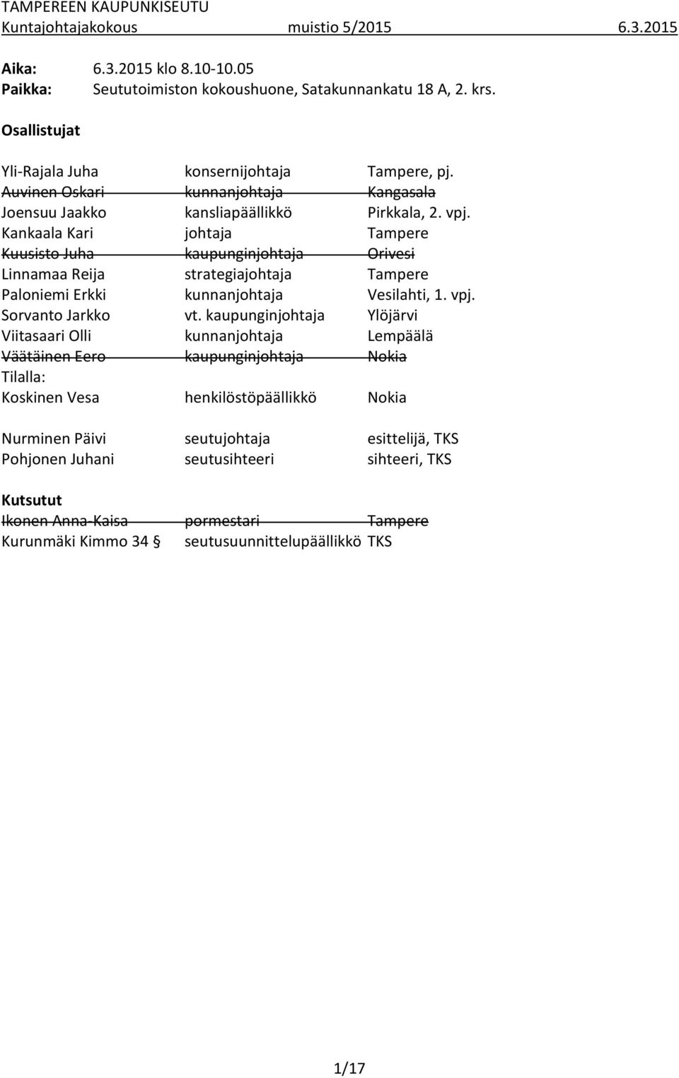 Kankaala Kari johtaja Tampere Kuusisto Juha kaupunginjohtaja Orivesi Linnamaa Reija strategiajohtaja Tampere Paloniemi Erkki kunnanjohtaja Vesilahti, 1. vpj. Sorvanto Jarkko vt.