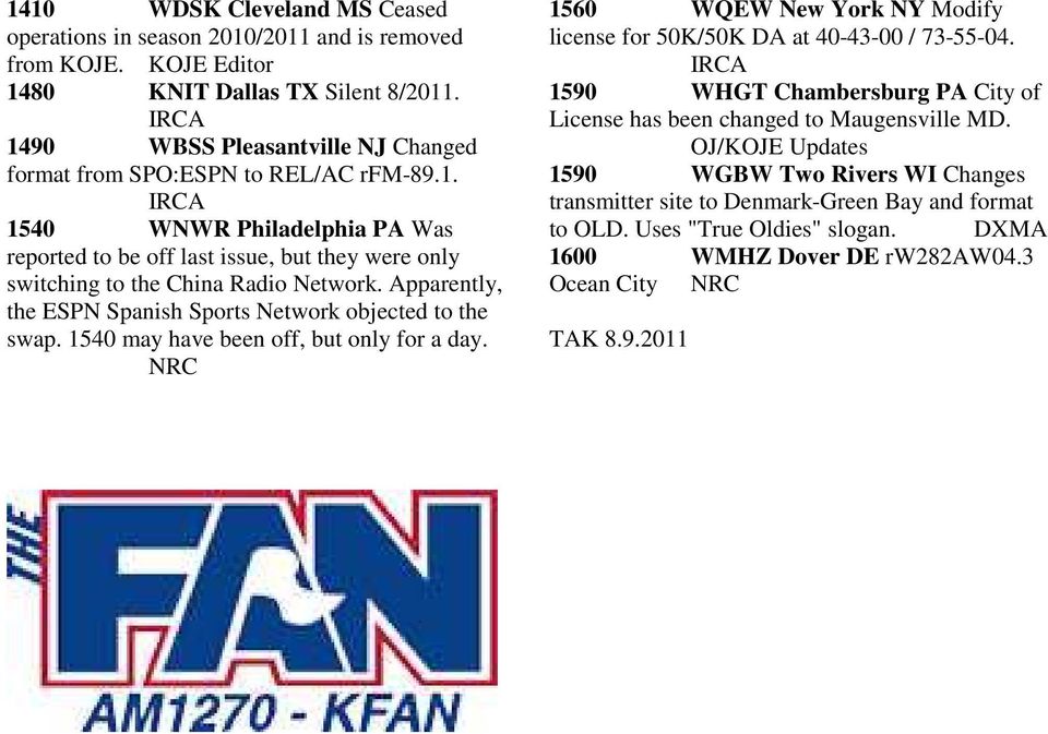 Apparently, the ESPN Spanish Sports Network objected to the swap. 1540 may have been off, but only for a day. NRC 1560 WQEW New York NY Modify license for 50K/50K DA at 40-43-00 / 73-55-04.