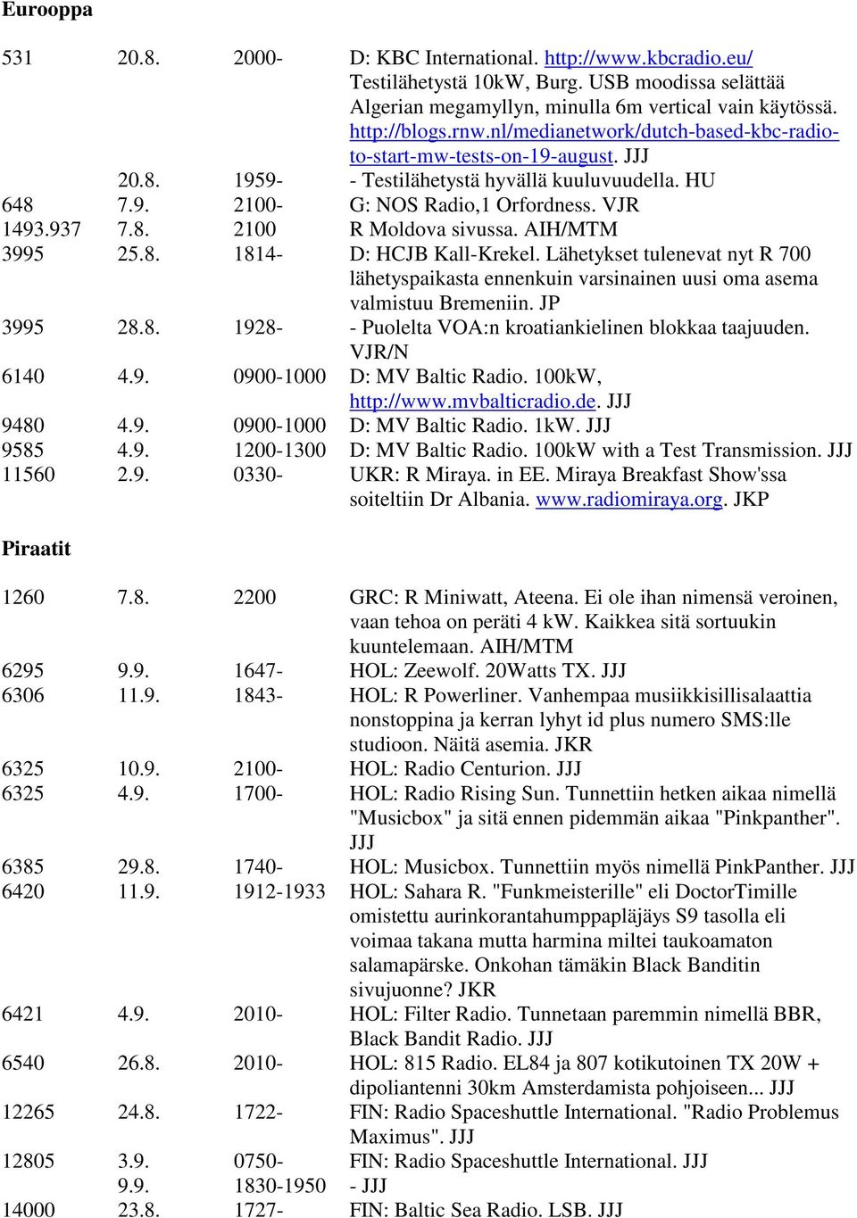 AIH/MTM 3995 25.8. 1814- D: HCJB Kall-Krekel. Lähetykset tulenevat nyt R 700 lähetyspaikasta ennenkuin varsinainen uusi oma asema valmistuu Bremeniin. JP 3995 28.8. 1928- - Puolelta VOA:n kroatiankielinen blokkaa taajuuden.