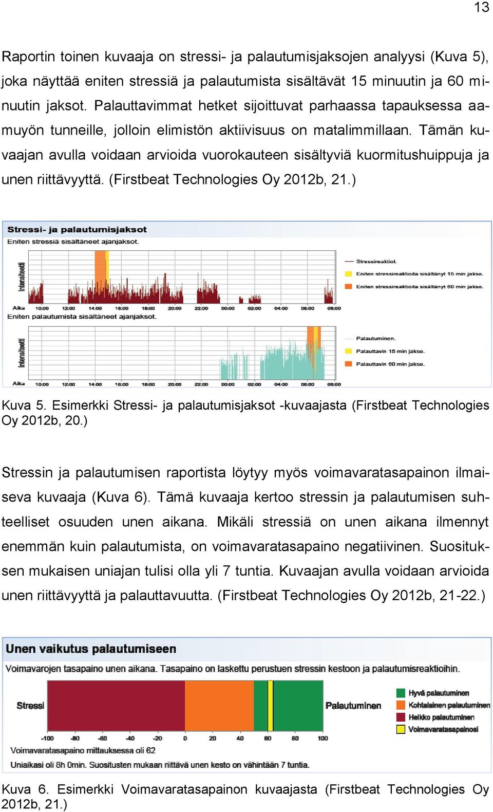 Tämän kuvaajan avulla voidaan arvioida vuorokauteen sisältyviä kuormitushuippuja ja unen riittävyyttä. (Firstbeat Technologies Oy 2012b, 21.) Kuva 5.