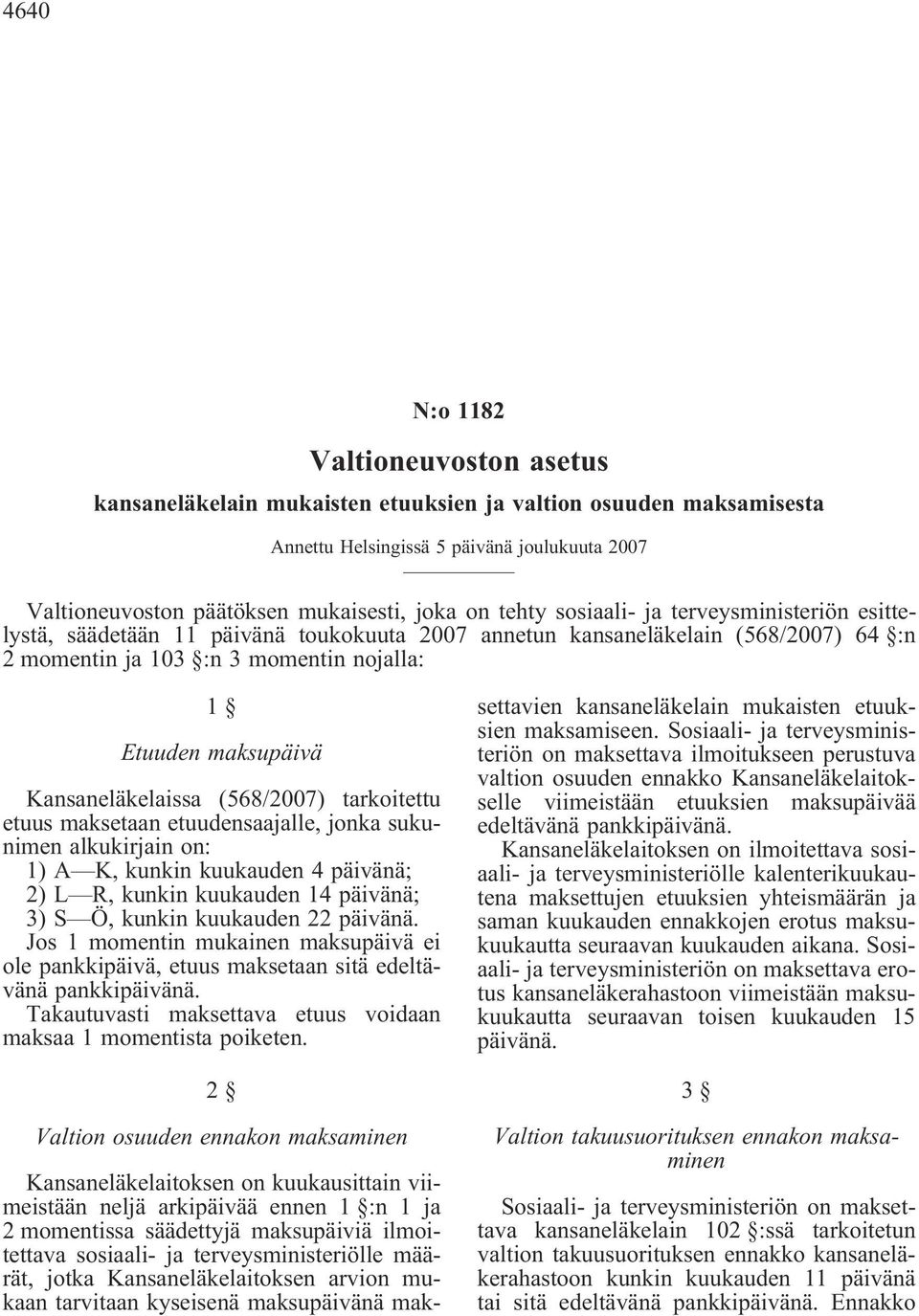 sukunimen alkukirjain on: 1) A K, kunkin kuukauden 4 päivänä; 2) L R, kunkin kuukauden 14 päivänä; 3) S Ö, kunkin kuukauden 22 päivänä.