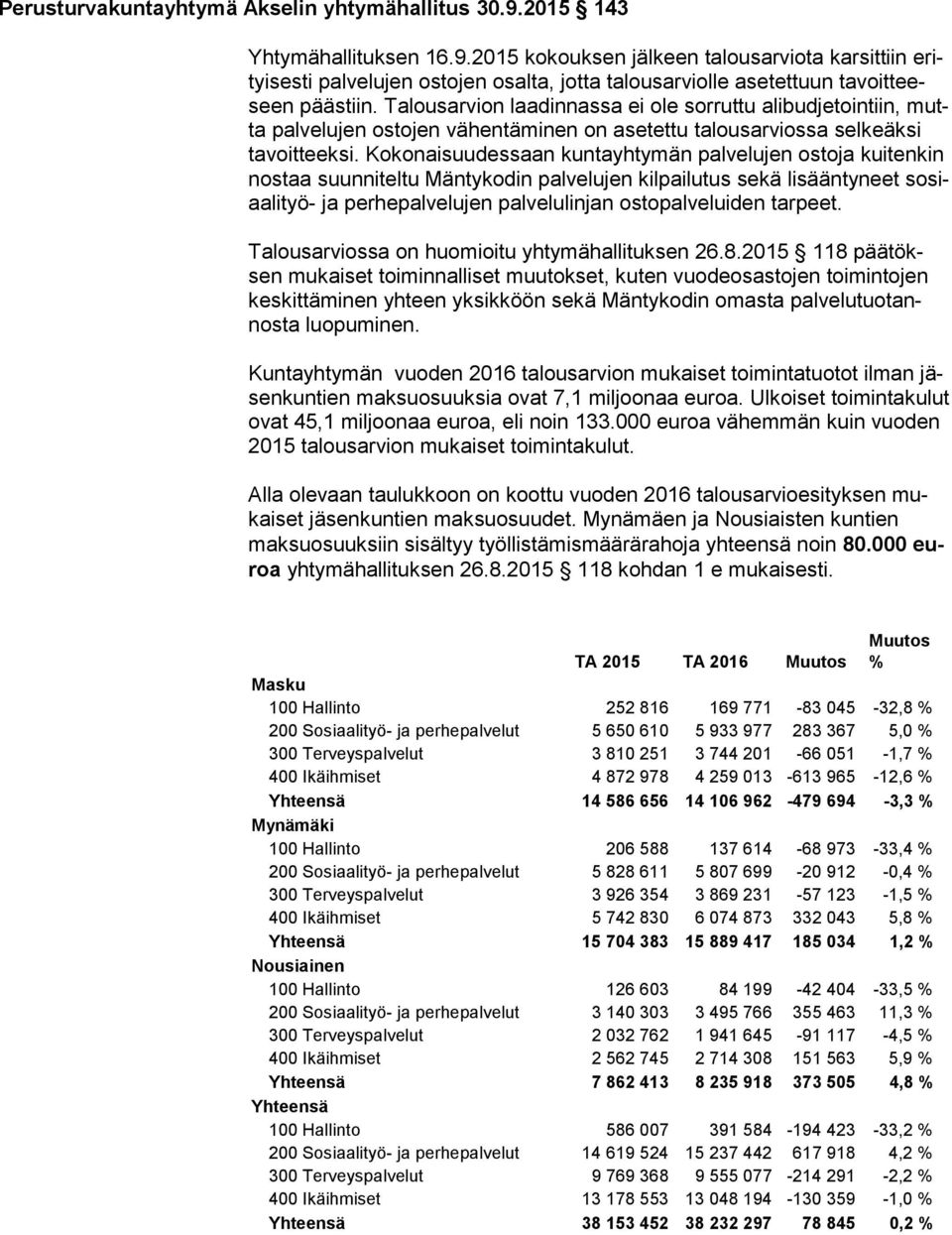 Kokonaisuudessaan kuntayhtymän palvelujen ostoja kui ten kin nos taa suun ni tel tu Mäntykodin palvelujen kilpailutus sekä li sään ty neet so siaa li työ- ja per he pal ve lu jen palvelulinjan