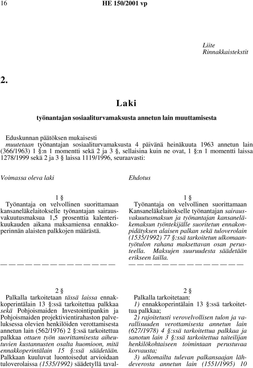 momentti sekä 2 ja 3, sellaisina kuin ne ovat, 1 :n 1 momentti laissa 1278/1999 sekä 2 ja 3 laissa 1119/1996, seuraavasti: Voimassa oleva laki Ehdotus 1 1 Työnantaja on velvollinen suorittamaan