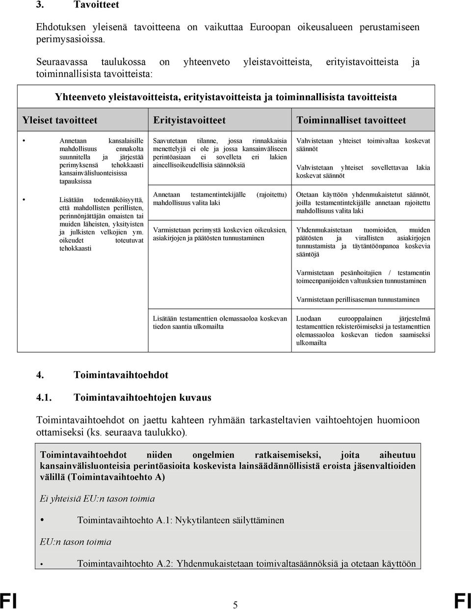 Yleiset tavoitteet Erityistavoitteet Toiminnalliset tavoitteet Annetaan kansalaisille mahdollisuus ennakolta suunnitella ja järjestää perimyksensä tehokkaasti kansainvälisluonteisissa tapauksissa