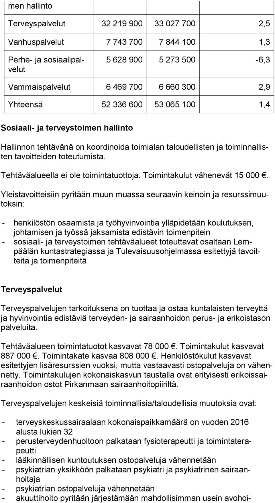 Tehtäväalueella ei ole toimintatuottoja. Toimintakulut vähenevät 15 000.