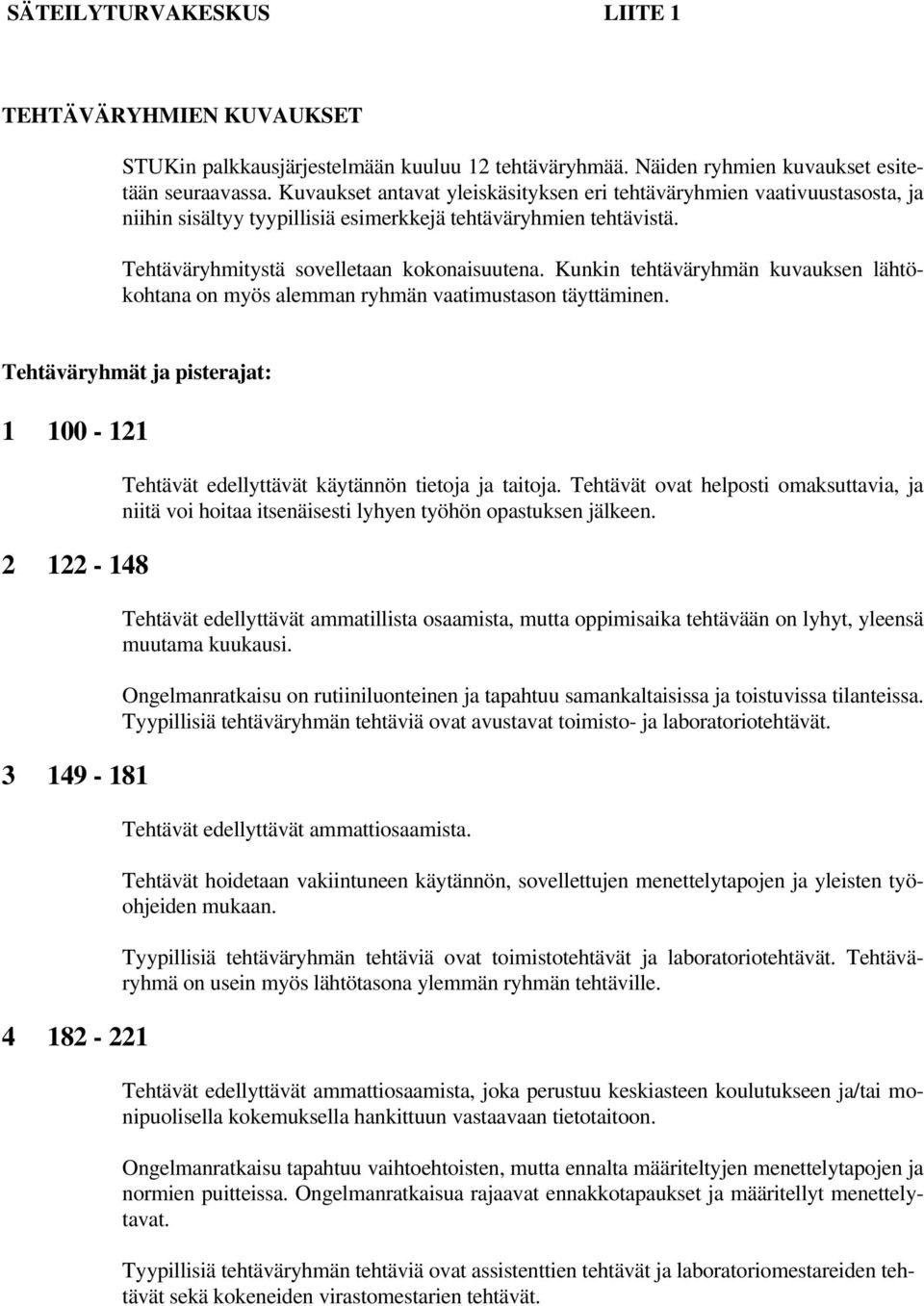 Kunkin tehtäväryhmän kuvauksen lähtökohtana on myös alemman ryhmän vaatimustason täyttäminen.