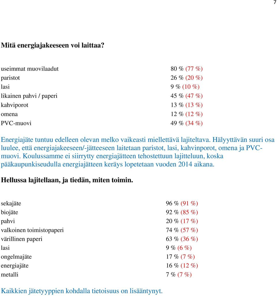 olevan melko vaikeasti miellettävä lajiteltava. Hälyyttävän suuri osa luulee, että energiajakeeseen/-jätteeseen laitetaan paristot, lasi, kahvinporot, omena ja PVCmuovi.